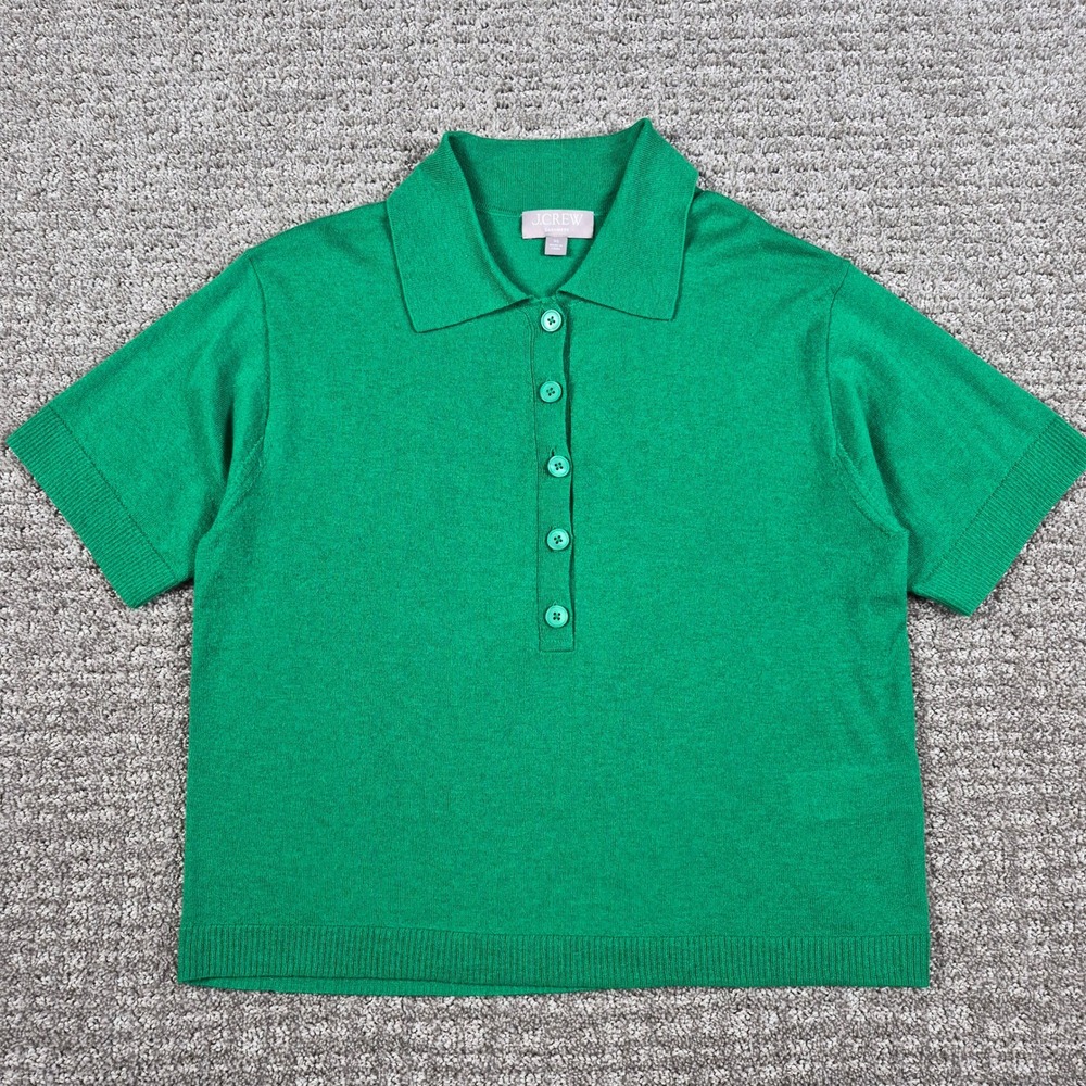 J Crew Cashmere Cropped Sweater Polo Womens XS Green Featherweight Top Preppy